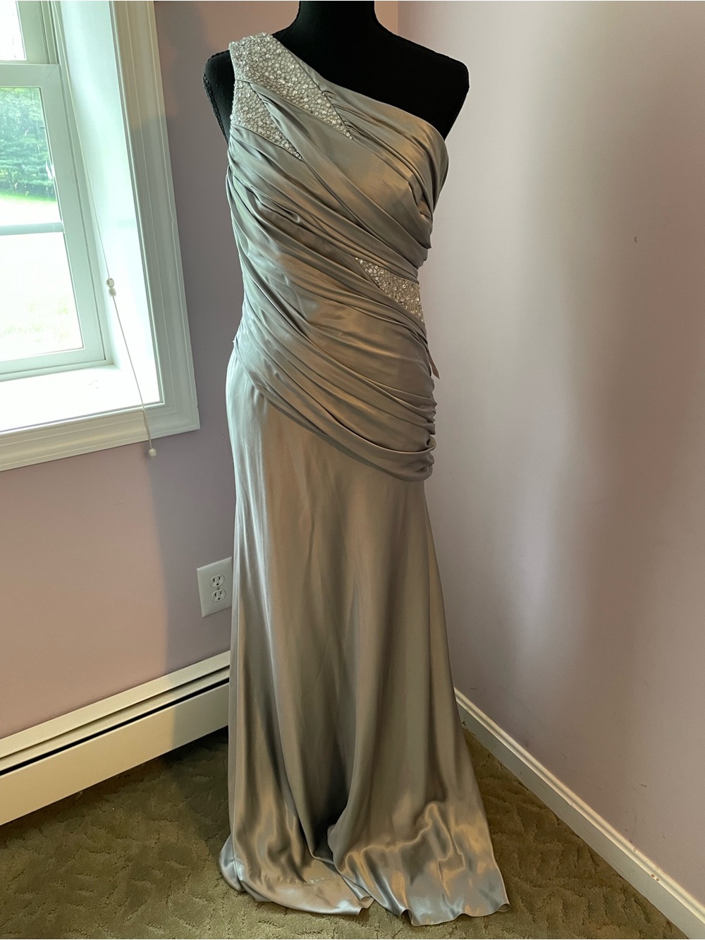 Carmen Marc Valvo One-Shoulder Silver-Grey Evening Gown